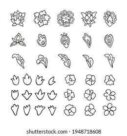 Set of small simplified vector flowers and leaves in oriental style for creating ditsies pattern or logo.