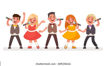 Set of small singers. Children's music group. Boys and girls sing a song. Vector illustration in a cartoon style