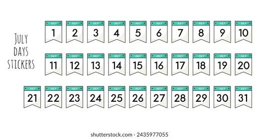 Set of small sticker flags with date and month. Days of July. Minimalistic calendar elements. Planning and marking date of the event. Elements for design of posters. Isolated on white background.
