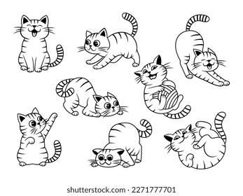 Conjunto de pequeños gatos a rayas. Colección de gatos de dibujos animados juguetones en diferentes poses. Amante de mascotas. Ilustración vectorial aislada en fondo blanco. Dibujar con niños.