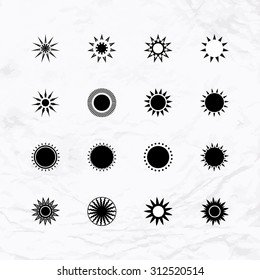 Set with small suns. Sun icons for logo design. Small sun design elements. Geometric sun icon. Simple elegant abstract suns. Vector abstract illustration of sun logo design. Sun symbol. Sun graphic