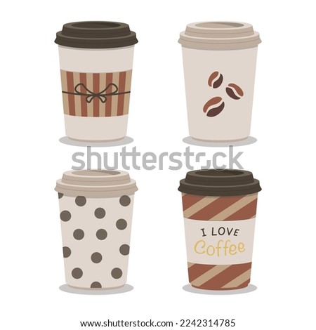 set of small takeaway coffee cups flat vector