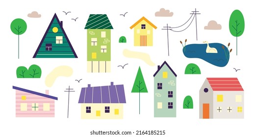 Set of small tiny houses, trees, clouds, bush and pond in Scandinavian style. Trendy urban and village homes with windows, roof tiles and chimneys with smoke.  Hand drawn flat illustration.