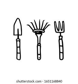 Set small tools for gardening shovel rake in hand drawn doodle style isolated on white background. Vector outline stock illustration. Sign gardening element. Coloring book. Horticulture.