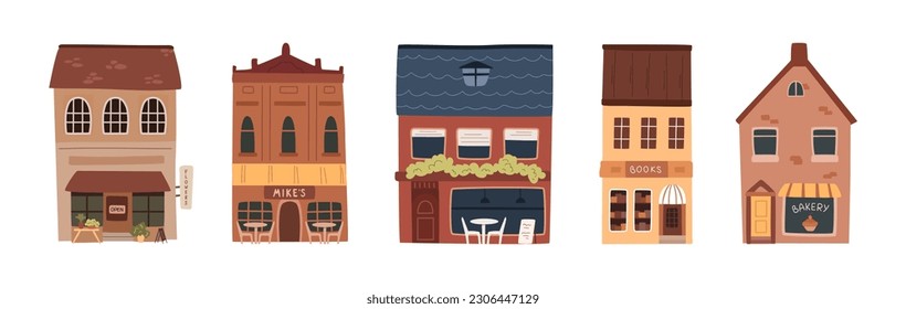 Set of small town buildings isolated on white. Businesses in old little town , flat cartoon bakery and cafe, flowers and books shop and restaurant facade icon