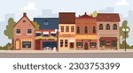 Set of small town buildings, view of some businesses in old little town, flat cartoon bakery and cafe, flowers shop and restaurant facade.