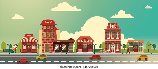 A set of small town buildings, view of some small businesses in an old little town, they are bakery, motel, bank, salon, boutique, and coffee house. 