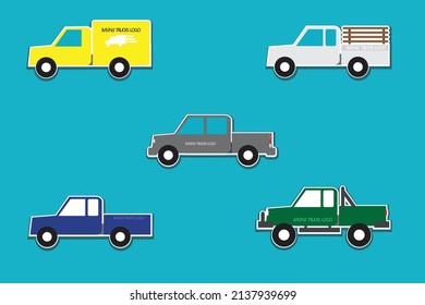 Set of small truck icons. Pickup truck. On blue background. Transport and transport cargo trucks and semi-trucks. Flat style design vector illustration. transportation concept.