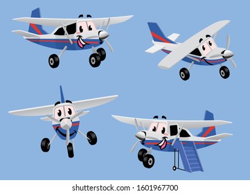set of small turbo propelled airplane in cartoon character