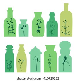 Set with small vintage bottles. Silhouette of plants.