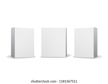 Set of small white cardboard boxes mockups. Template for product packaging. Opened box or closed. Vector illustration