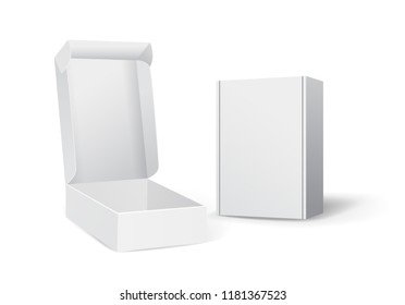 Conjunto de pequeñas maquetas de cajas blancas de cartón. Plantilla para embalaje de productos. Caja abierta o cerrada. Ilustración del vector