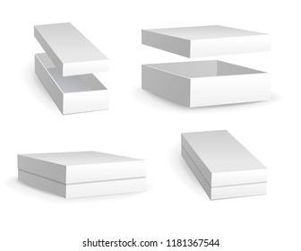 Set of small white cardboard boxes mockups. Template for product packaging. Opened box or closed. Vector illustration