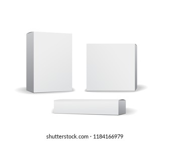 Set of small white cardboard boxes mockups. Template for product packaging. Opened box or closed. Vector illustration