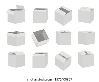 Set of small white cardboard boxes mockups. Box set. Templates, layout of boxes in different positions with a shadow for design or branding - stock vector.