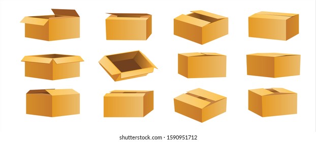 Set of small white cardboard boxes mockups. Box set. Templates, layout of boxes in different positions with a shadow for design or branding - stock vector.