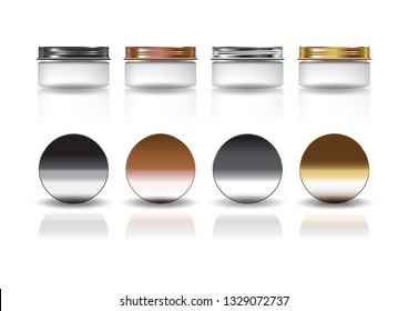 Set of small white cosmetic round jar with black-copper-silver-gold lid mockup template. Isolated on white background with reflection shadow. Ready to use for package design. Vector illustration.