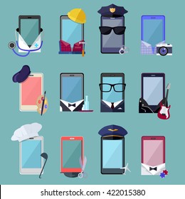 Set of smarphone in costume different professions.