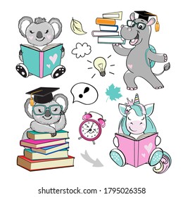 Un conjunto de animales inteligentes leen libros. Koala, unicornio e hipopótamo