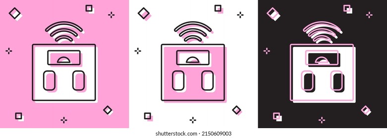 Indique el icono de una báscula de baño inteligente aislada sobre fondo rosa y blanco y negro. Equipamiento para medir el peso. Internet de cosas con conexión inalámbrica. Vector