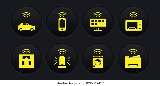 Set Smart bathroom scales, microwave oven, flasher siren, washer, Tv system, Wireless smartphone, printer and car with wireless icon. Vector