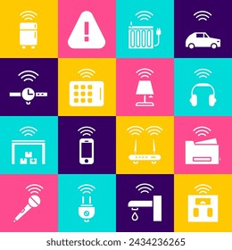 Set Smart bathroom scales, printer, headphones, heating radiator, Wireless tablet, Smartwatch, refrigerator and lamp icon. Vector