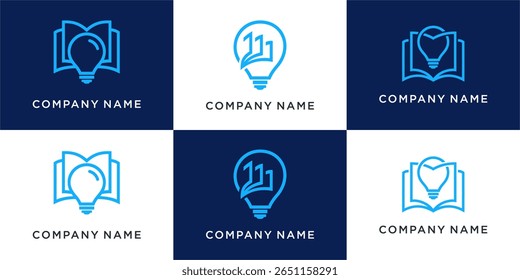 Set of smart book logo design with bulb combine