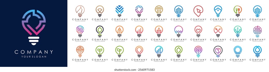 set of Smart bulb logo design. Bulb Logo Design Colorful . Idea creative light bulb logo. Bulb digital logo technology Idea.