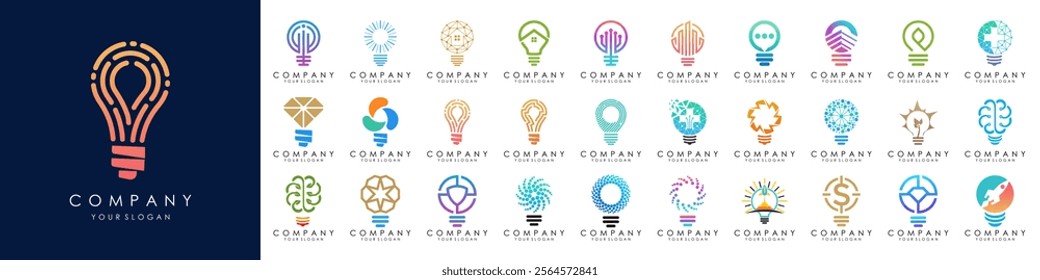 set of Smart bulb logo design. Bulb Logo Design Colorful . Idea creative light bulb logo. Bulb digital logo technology Idea.