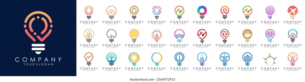 set of Smart bulb logo design. Bulb Logo Design Colorful . Idea creative light bulb logo. Bulb digital logo technology Idea.