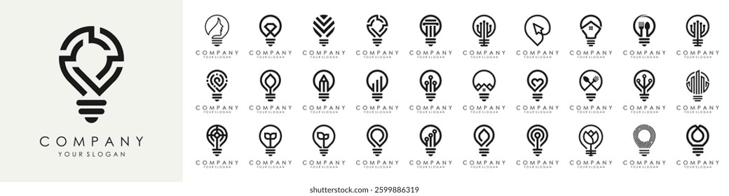 set of Smart bulb logo design. Bulb Logo Design Colorful . Idea creative light bulb logo. Bulb digital logo technology Idea.