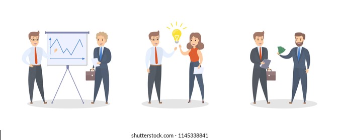 Set of smart business people working together. Teamwork and brainstorm. Successful cooperation. Isolated flat vector illustration