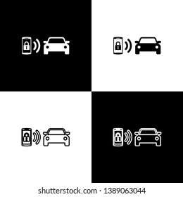 Set Smart car alarm system icons isolated on black and white background. The smartphone controls the car security on the wireless. Vector Illustration