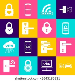 Set Smart car alarm system, Door handle, Mobile password, Wifi locked, Digital door with wireless and Padlock clock icon. Vector