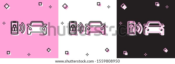 Set Smart car alarm system\
icon isolated on pink and white, black background. The smartphone\
controls the car security on the wireless.  Vector\
Illustration