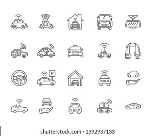 Set of smart car Related Vector Line Icons. Includes such Icons as car, car, safety, route, new, innovation, technology, wheel, auto Parking, smart, shape, automotive, element - vector