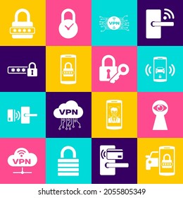 Set Smart car security system, Keyhole with eye, alarm, VPN microchip circuit, Mobile and password and Password protection icon. Vector