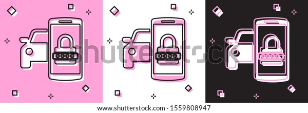 Set Smart car security\
system icon isolated on pink and white, black background. The\
smartphone controls the car security on the wireless.  Vector\
Illustration