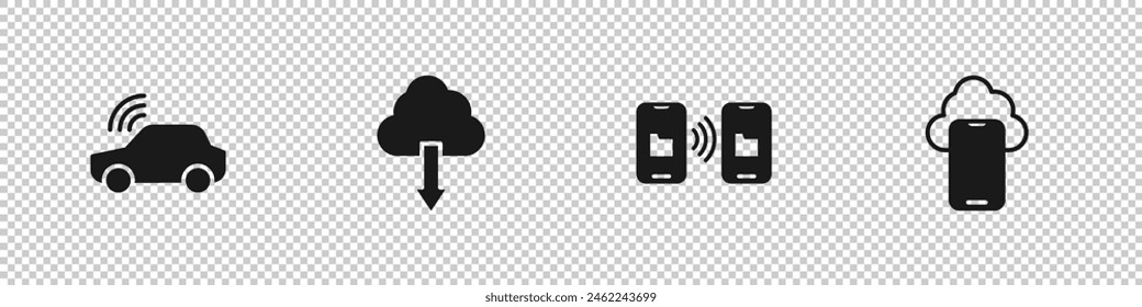 Set Smart car system, Cloud download, Data transfer and storage and technology data icon. Vector