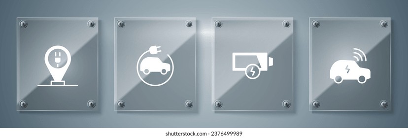 Set Smart car system, Low battery, Electric and Charging parking electric. Square glass panels. Vector