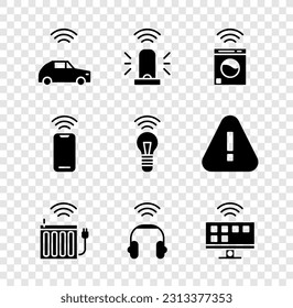 Set Smart car system with wireless, flasher siren, washer, heating radiator, headphones, Tv, Wireless smartphone and light bulb icon. Vector