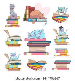 Set of smart cats with glasses and books. Hand-drawn illustration. Cute drawings for your design. Vector
