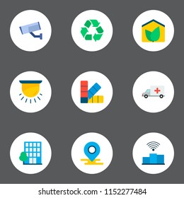 Set of smart city icons flat style symbols with building, conservation, video control and other icons for your web mobile app logo design.