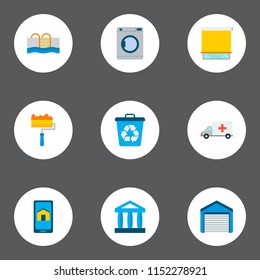 Set of smart city icons flat style symbols with washing machine, garage, pool and other icons for your web mobile app logo design.