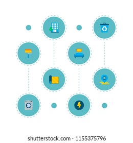 Set of smart city icons flat style symbols with washing machine, building, recycle and other icons for your web mobile app logo design.