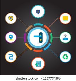Set of smart city icons flat style symbols with conservation, building, door lock and other icons for your web mobile app logo design.