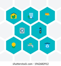 Set of smart city icons flat style symbols with plumbing, building, washing machine and other icons for your web mobile app logo design.