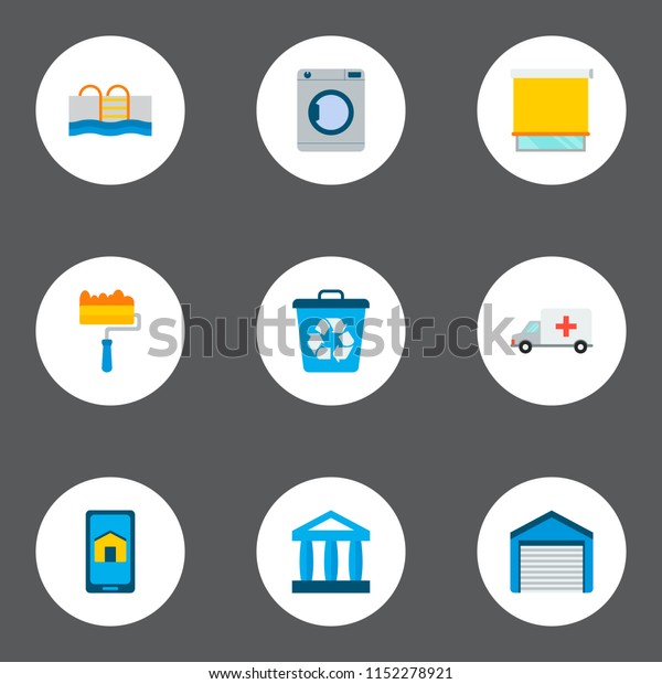Set of smart city icons flat style symbols with\
washing machine, garage, pool and other icons for your web mobile\
app logo design.