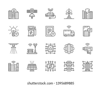 Set of Smart City Line Icons. Сlean Town, Space Satellite Station, Electric Car, Wind Turbines, Parking, Security Camera, Solar Battery, Traffic Light and more. Pack of 48x48 Pixel Icons