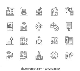 Set of smart city Related Vector Line Icons. Includes such Icons as car, safety, route, new, innovation, technology, wheel, smart, control, control, advertising, communication, estate, bank - vector